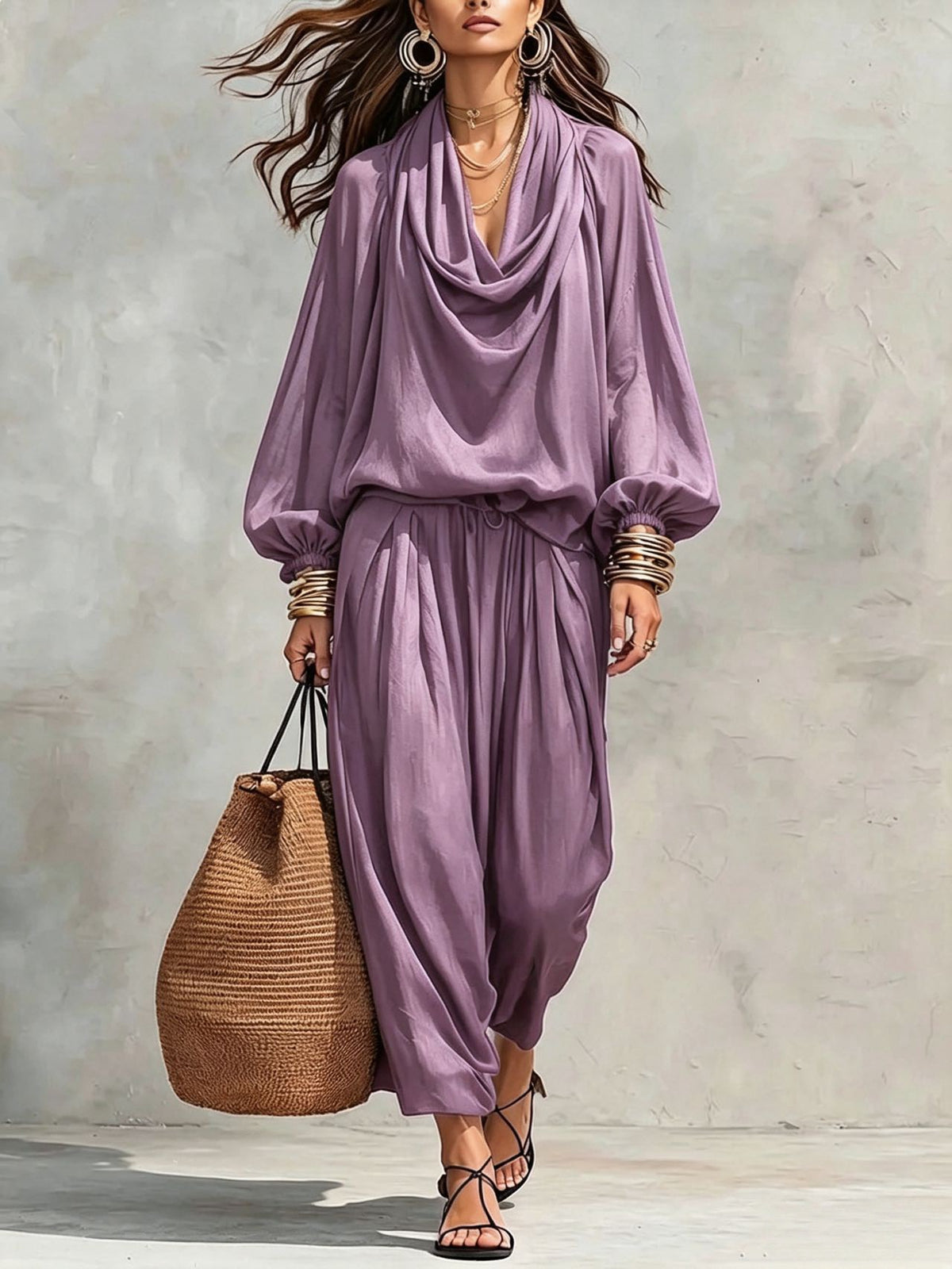 Relaxed-fit Cotton-blend Two-piece Set With A Draped Collar Top And Trousers