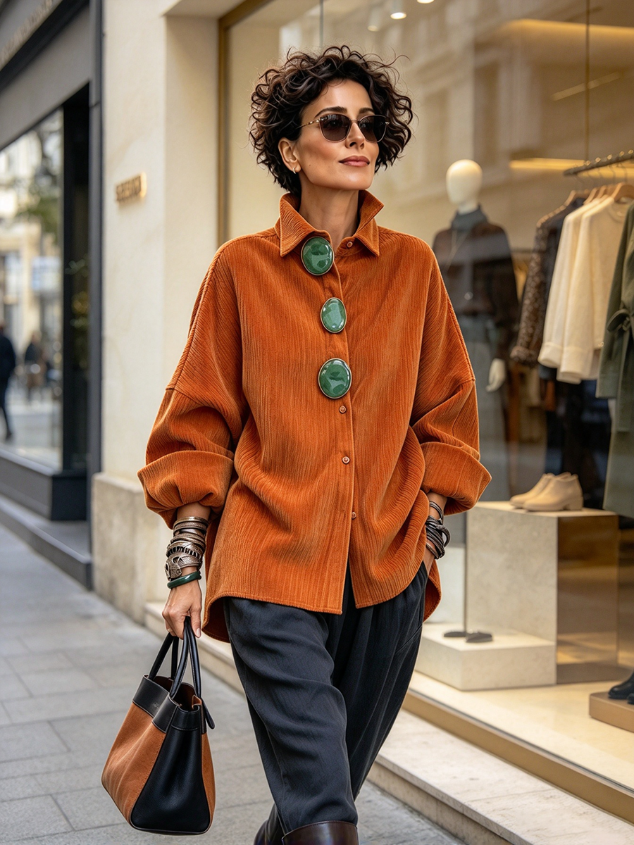 Chic Statement Corduroy Button-up Oversized Tunic Top