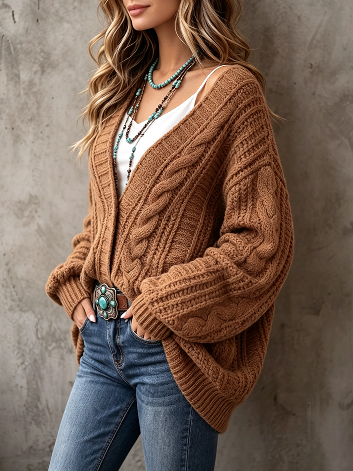 Retro Western Cable Knit Oversized Cardigan Sweater