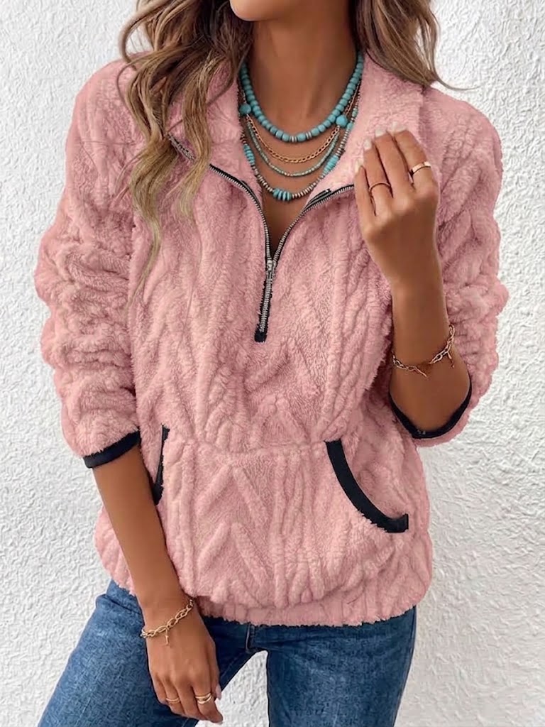 Half Zip Stand Collar Cable Fleece Long Sleeve Top