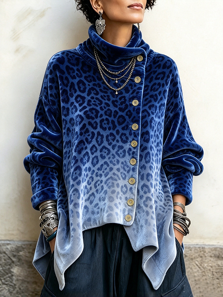 Chic Cozy Blue Leopard Velvet Asymmetric Tunic Top