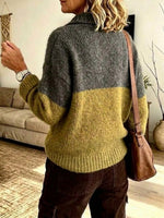 Color-block Loose-fit Chunky Knit Sweater With A Partial Button Placket