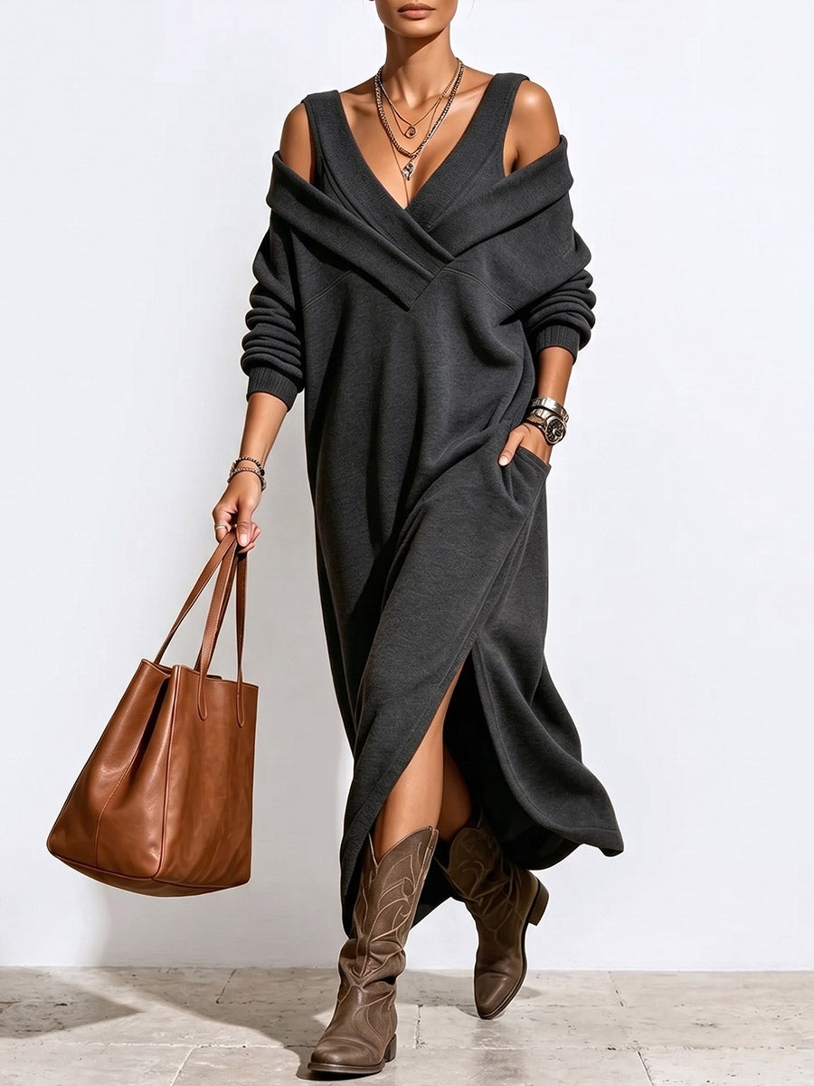 Women's Solid Color V-neck Off-shoulder Long-sleeve Casual Loose Slit Dress