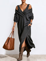Women's Solid Color V-neck Off-shoulder Long-sleeve Casual Loose Slit Dress