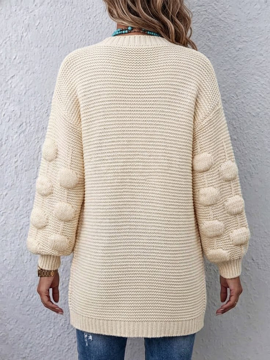 V-neck Cable-knit Longline Cardigan With 3d Pom-poms