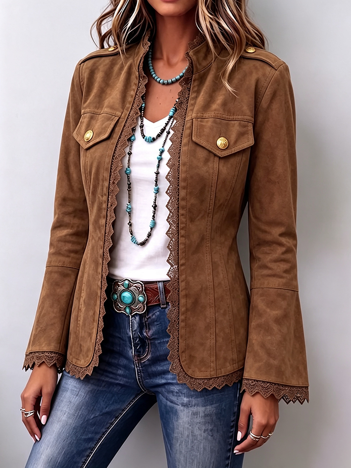 Chic Vintage Suede Lace-trim Casual Western Jacket