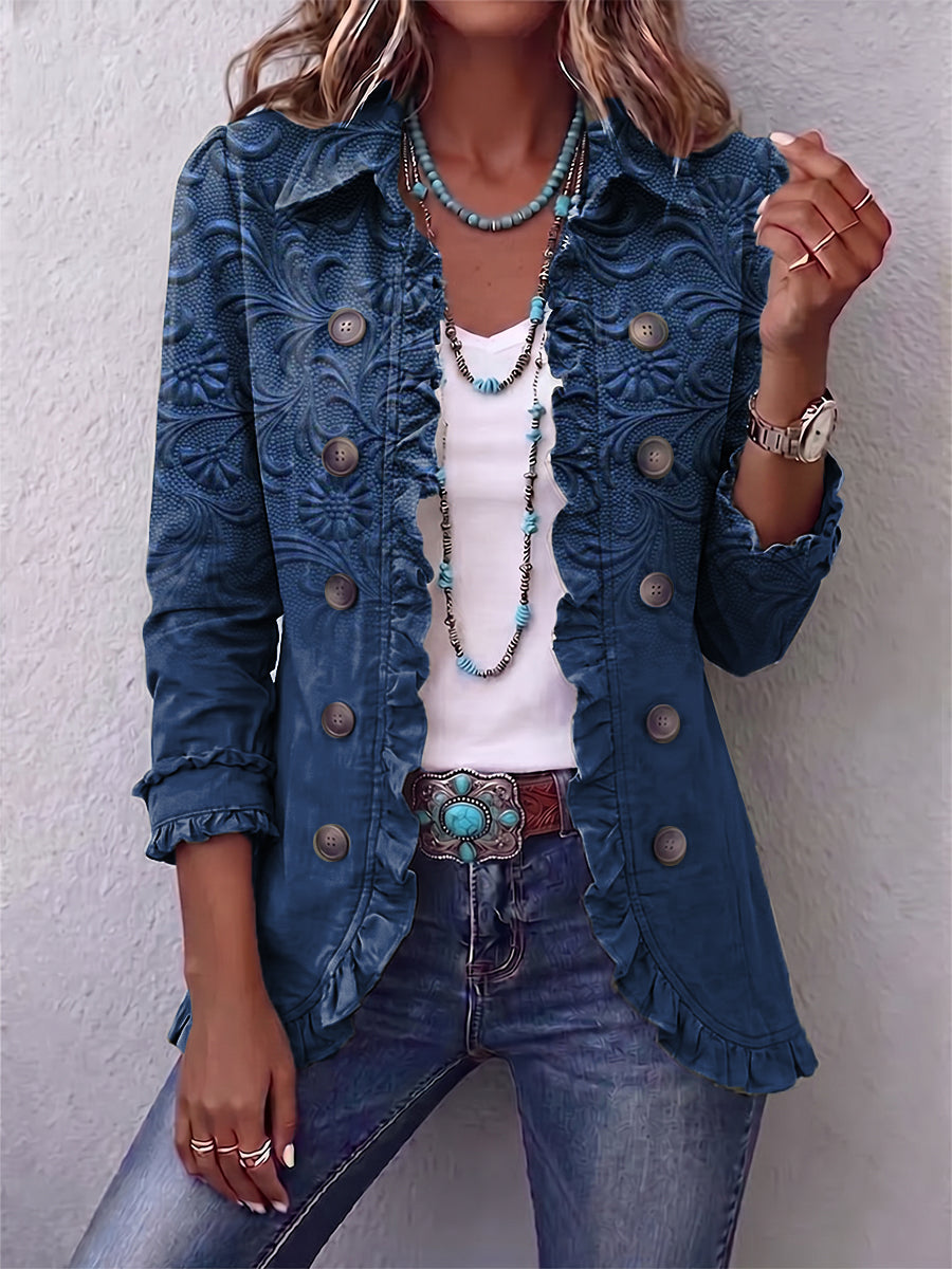 Bohemian Vintage-style Floral Embossed Print Ruffled Linen-cotton Jacket