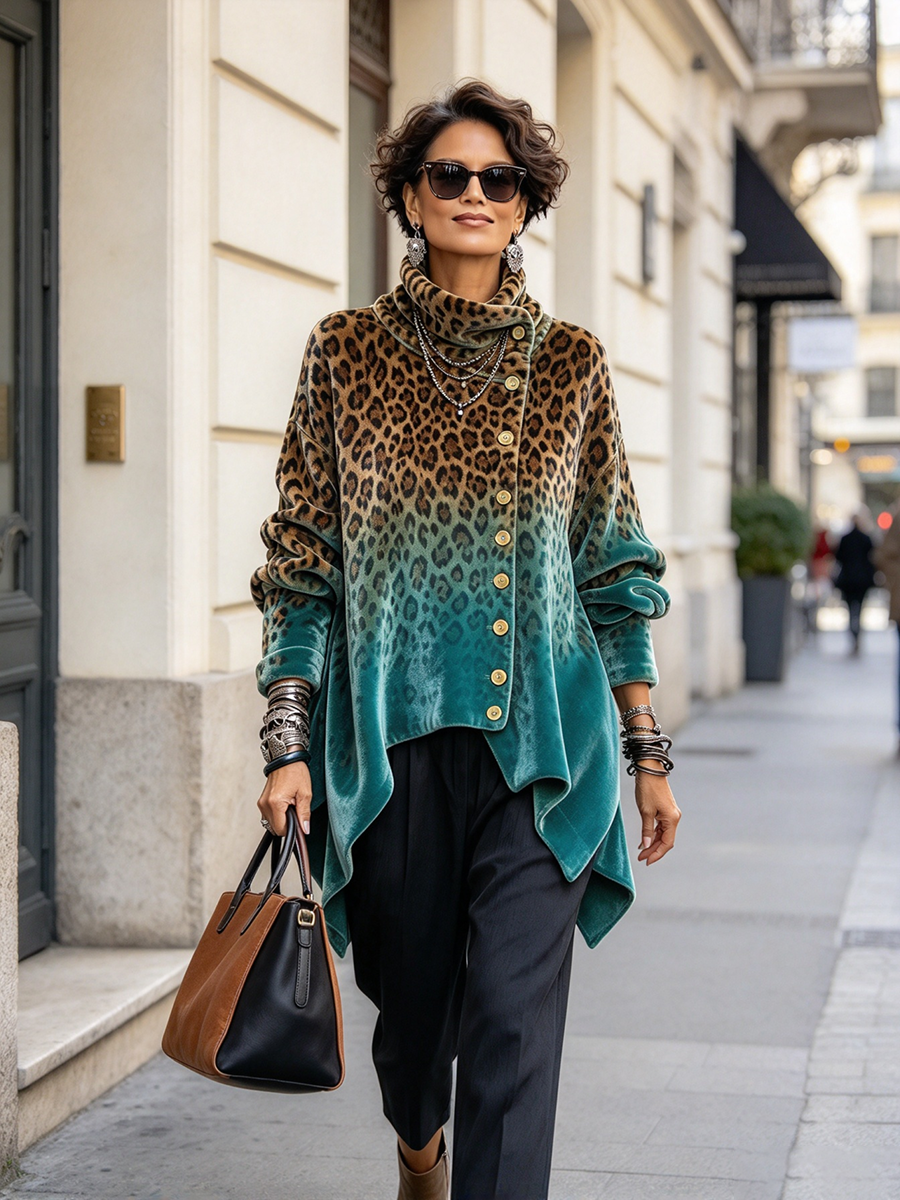 Chic Gradient Leopard Print Velvet Asymmetric Velvet Top