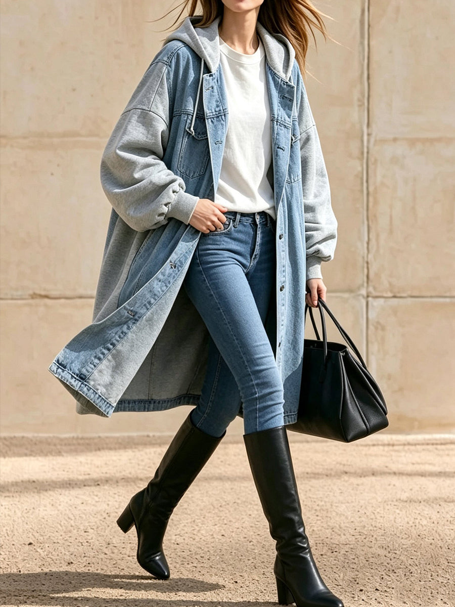 Casual Oversized Long Denim Jacket With A Hooded, Paneled Design