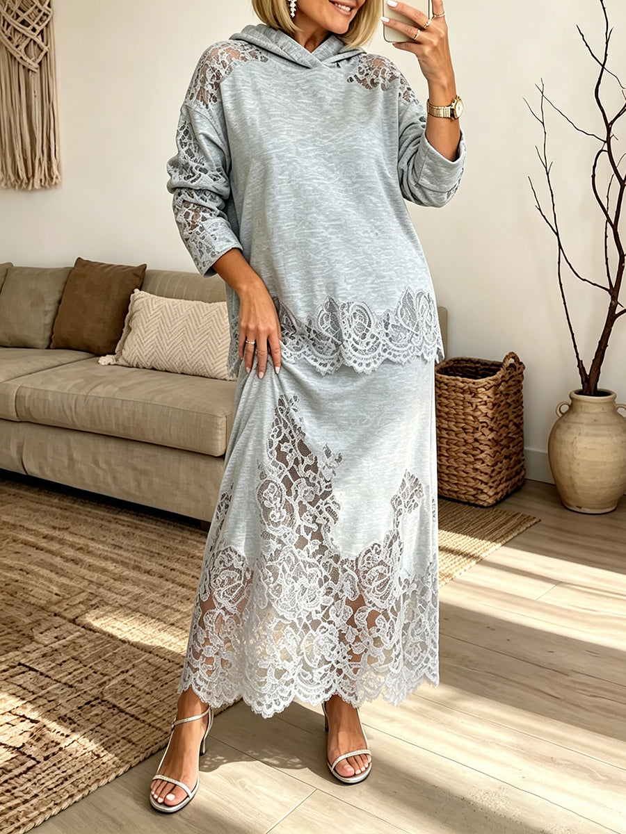 Cozy Lace-Accented Hooded Knit Two-Piece Set
