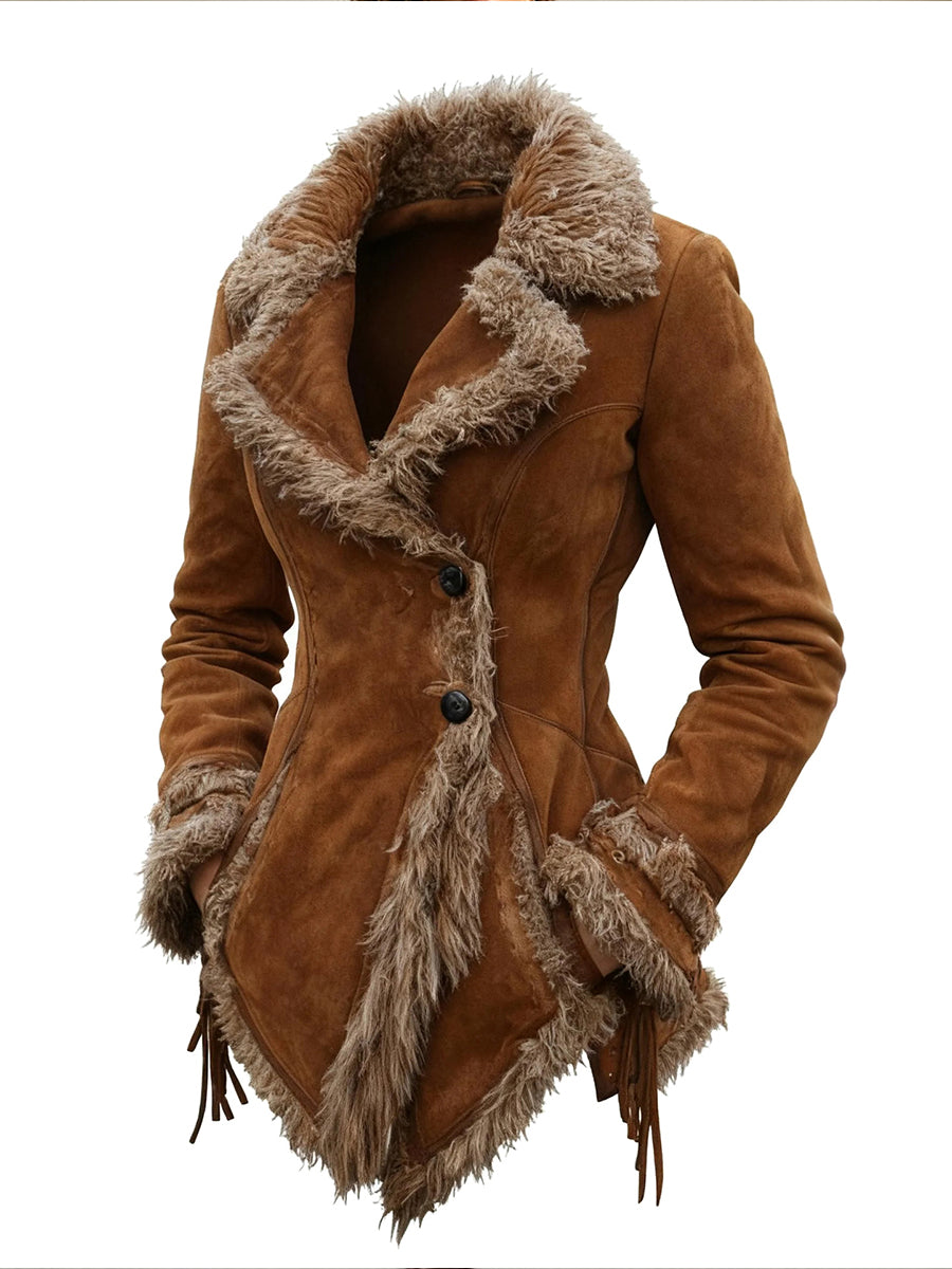 Western-style Faux Suede Jacket With Shearling Trim