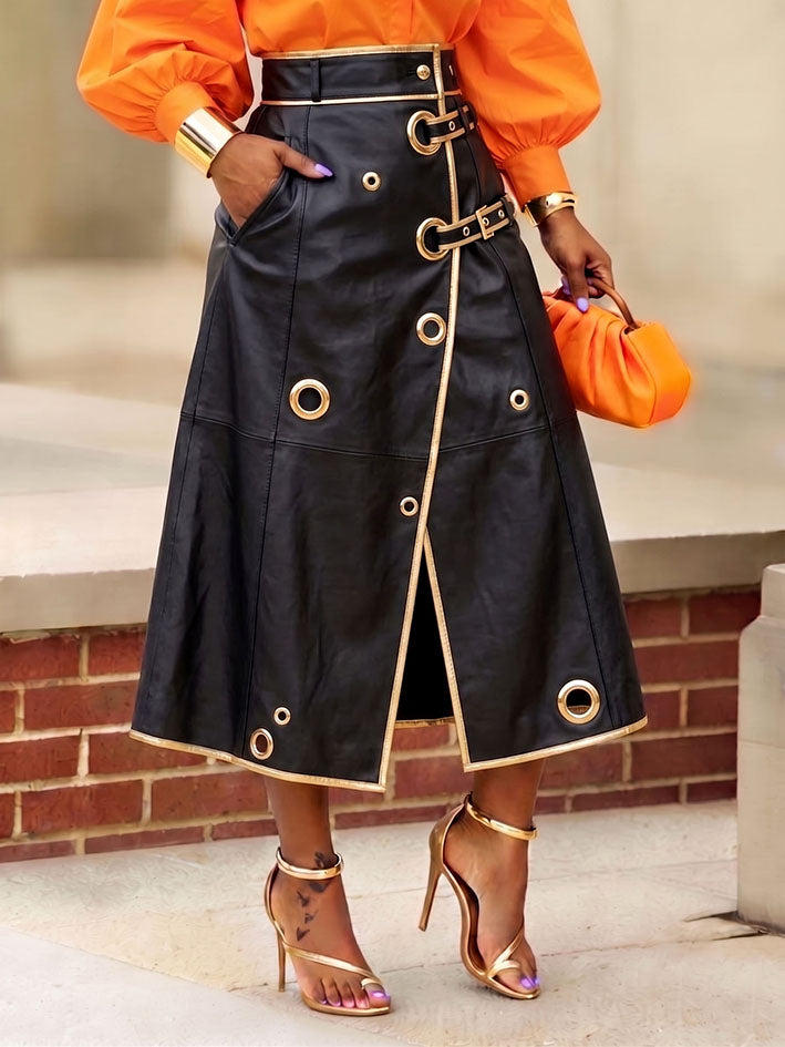 Trendy And Edgy Metallic Gold Grommets Pu Skirt