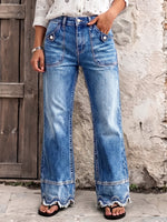 Scallop-Hem Button-Accent Denim Jeans