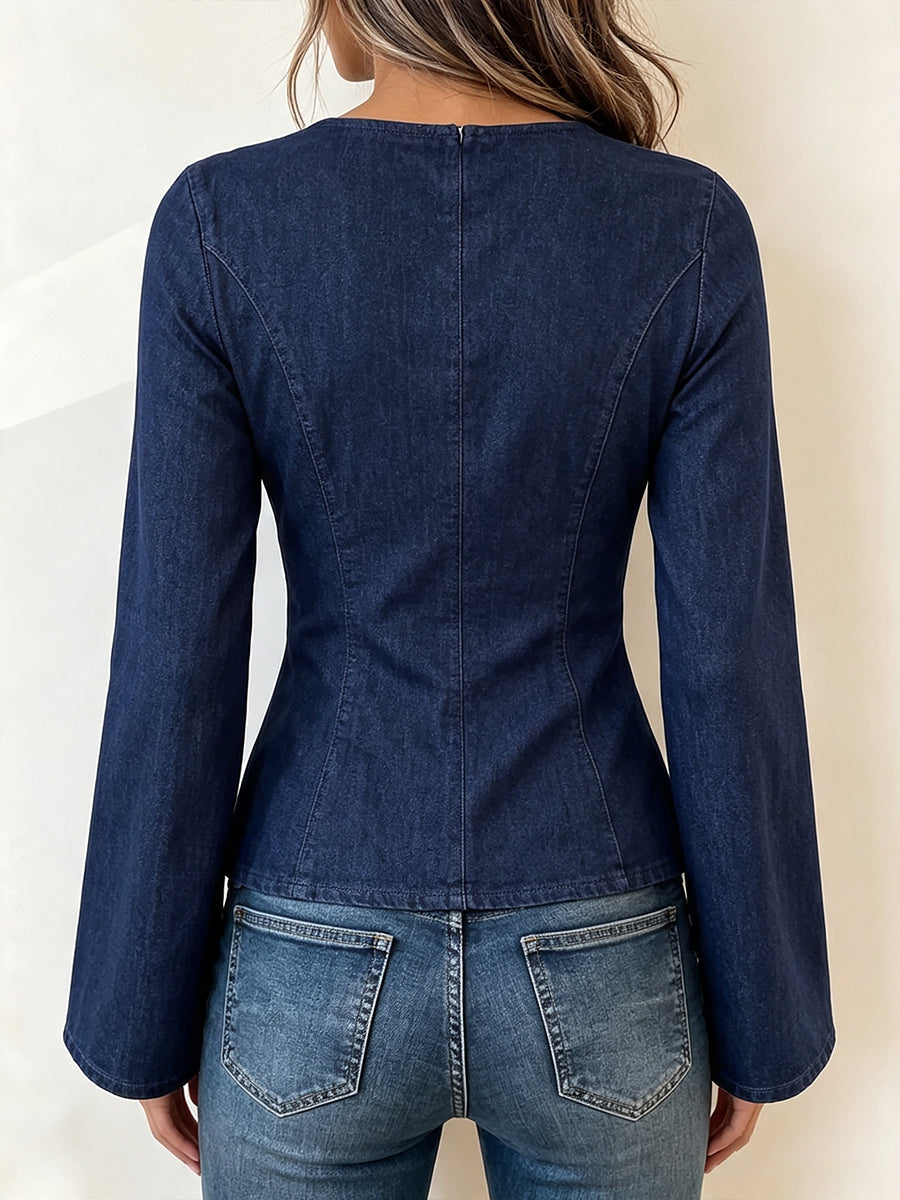 Chic Tailored Bell-Sleeve Denim Blouse