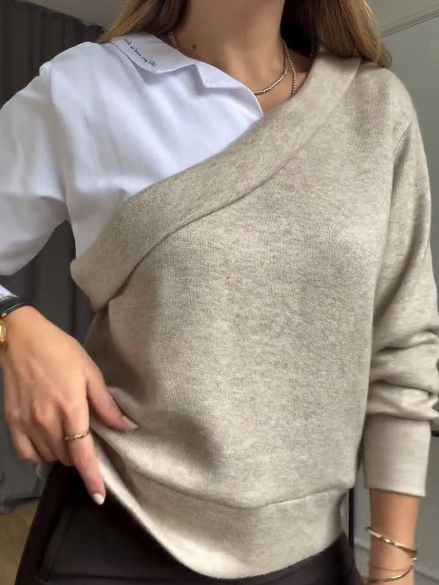 Chic Asymmetric Neckline False Two-piece Sweater