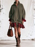 Chic Plaid-panelled Pure Cotton Sweatshirt-style Mini Dress