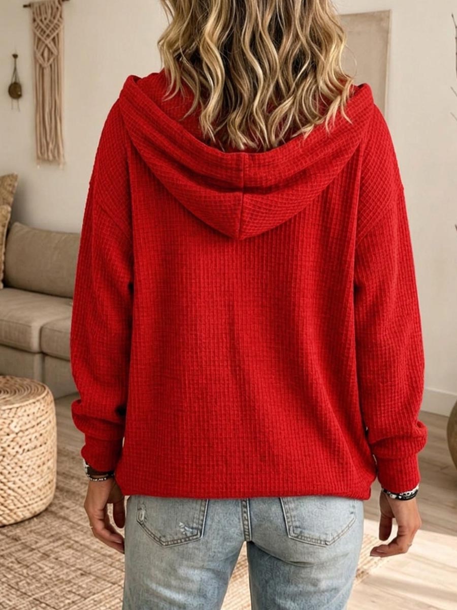 Women's Red Waffle Knit Button-Down Hoodie