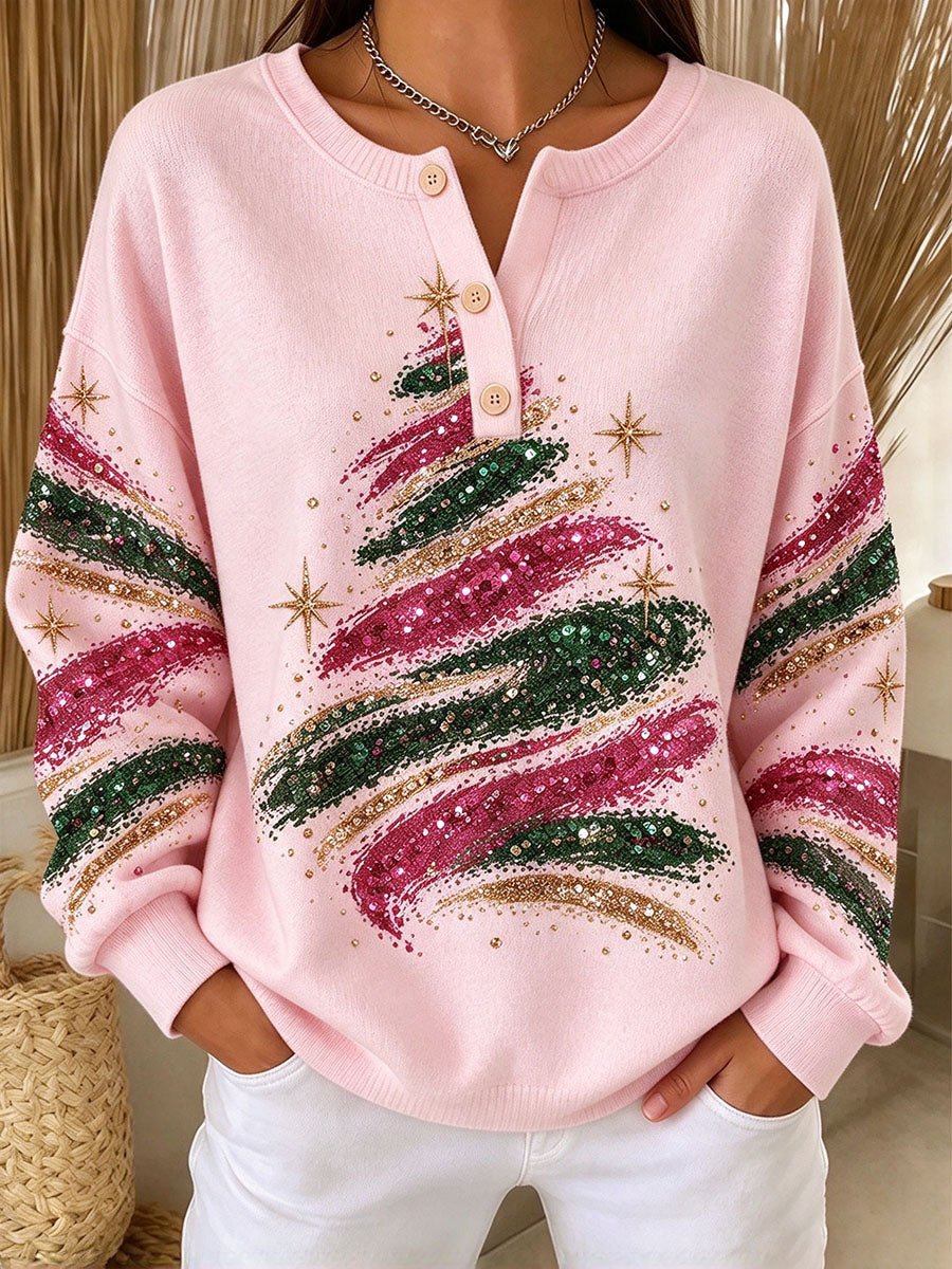 Chic Cozy Christmas Tree Pink Graphic Sweater