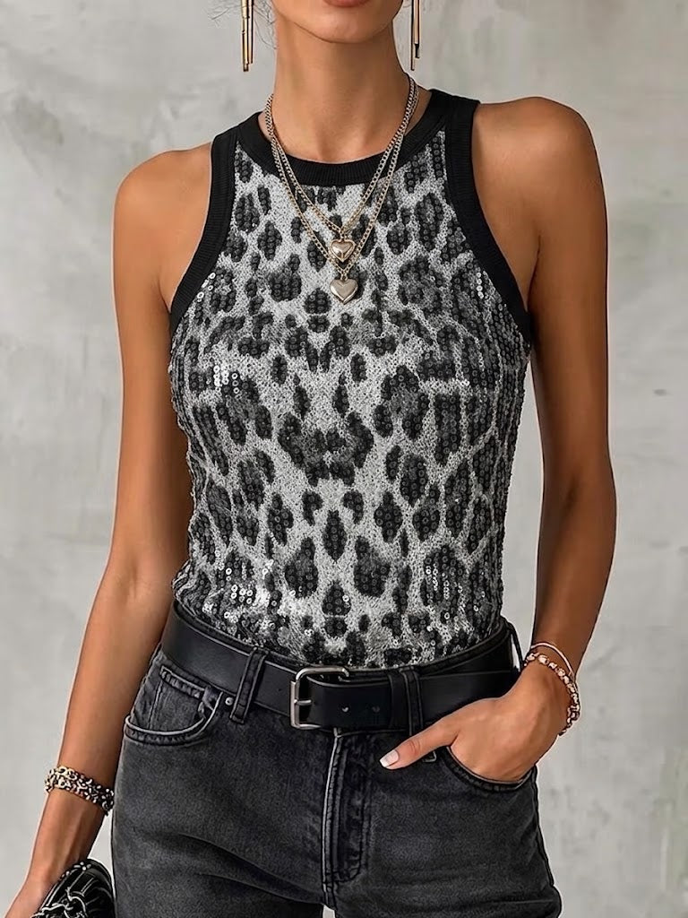 Stylish Sleeveless Knit Top With Sequins And Leopard Print