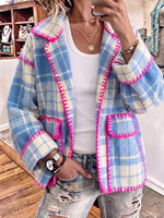 Cozy Plaid Contrast-Stitch Open-Front Jacket