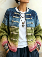 Vibrant Gradient Stripes Knit Cardigan With Statement Buttons