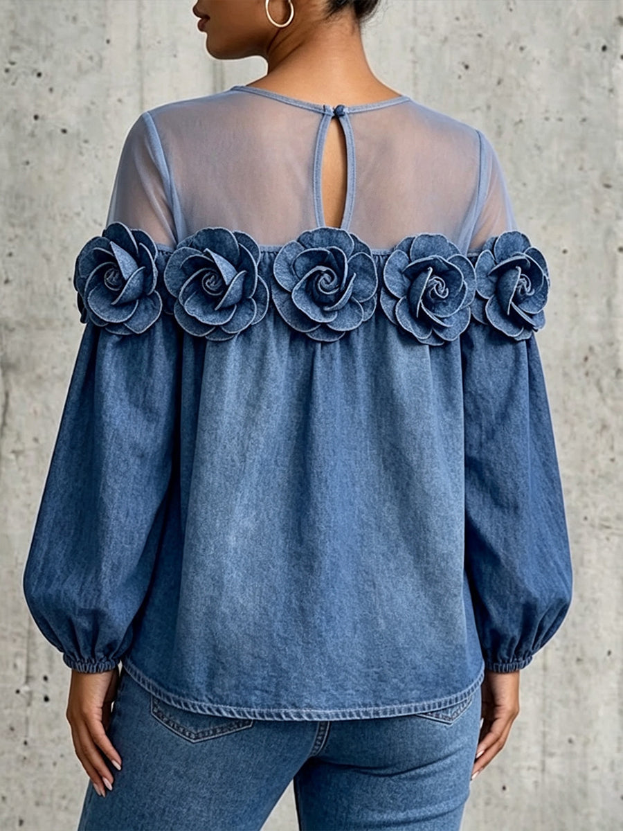 Oversized Denim Top With Mesh Shoulder Panels And 3d Rose Embellishments.