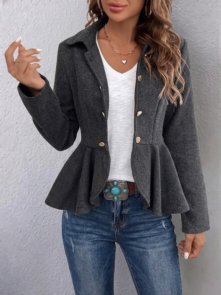Fitted Double-breasted Blazer With Lapel, Jacquard Pattern, And Ruffle Detail