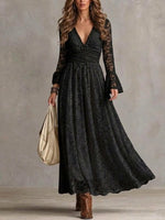 V-neck Lace Maxi Dress With Flared Long Sleeves
