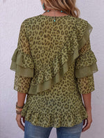 Women's Leopard Print V-neck 3/4 Sleeve Casual Loose Chiffon Top