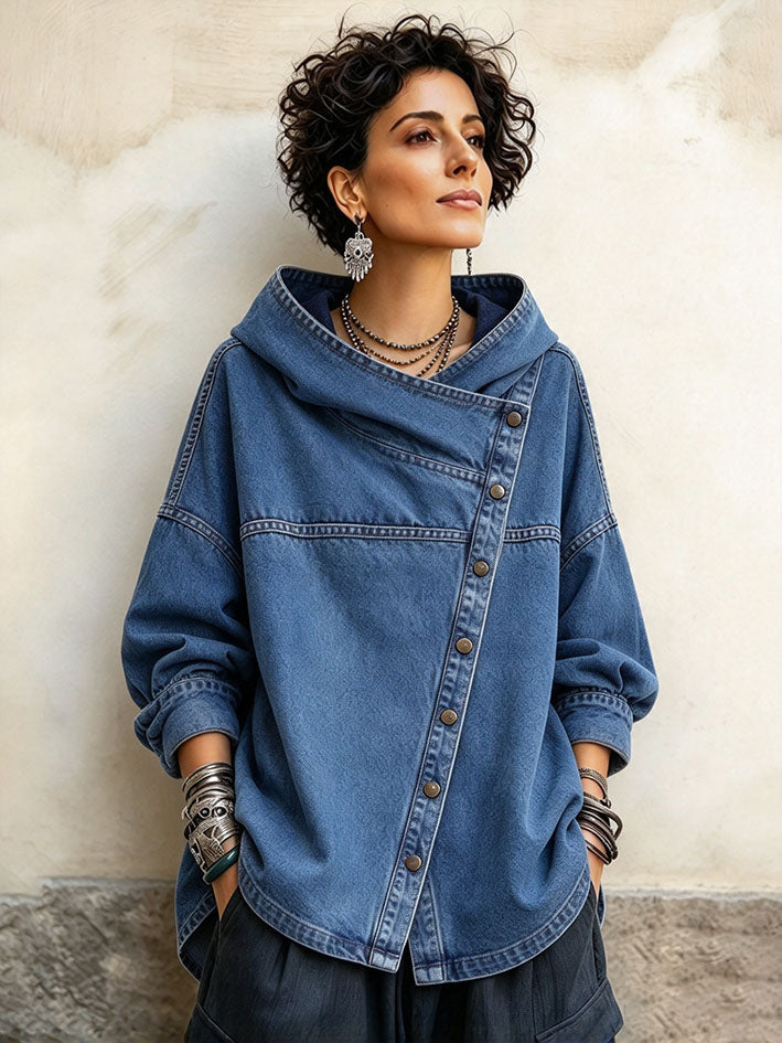 Relaxed Oversized Denim Asymmetrical Button Hooded Jacket