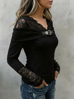 Women's Solid Color V-neck Long-sleeve Casual Loose Lace-panel Top