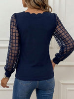 Scalloped V-neck Grid Mesh Long Sleeve Spliced Top