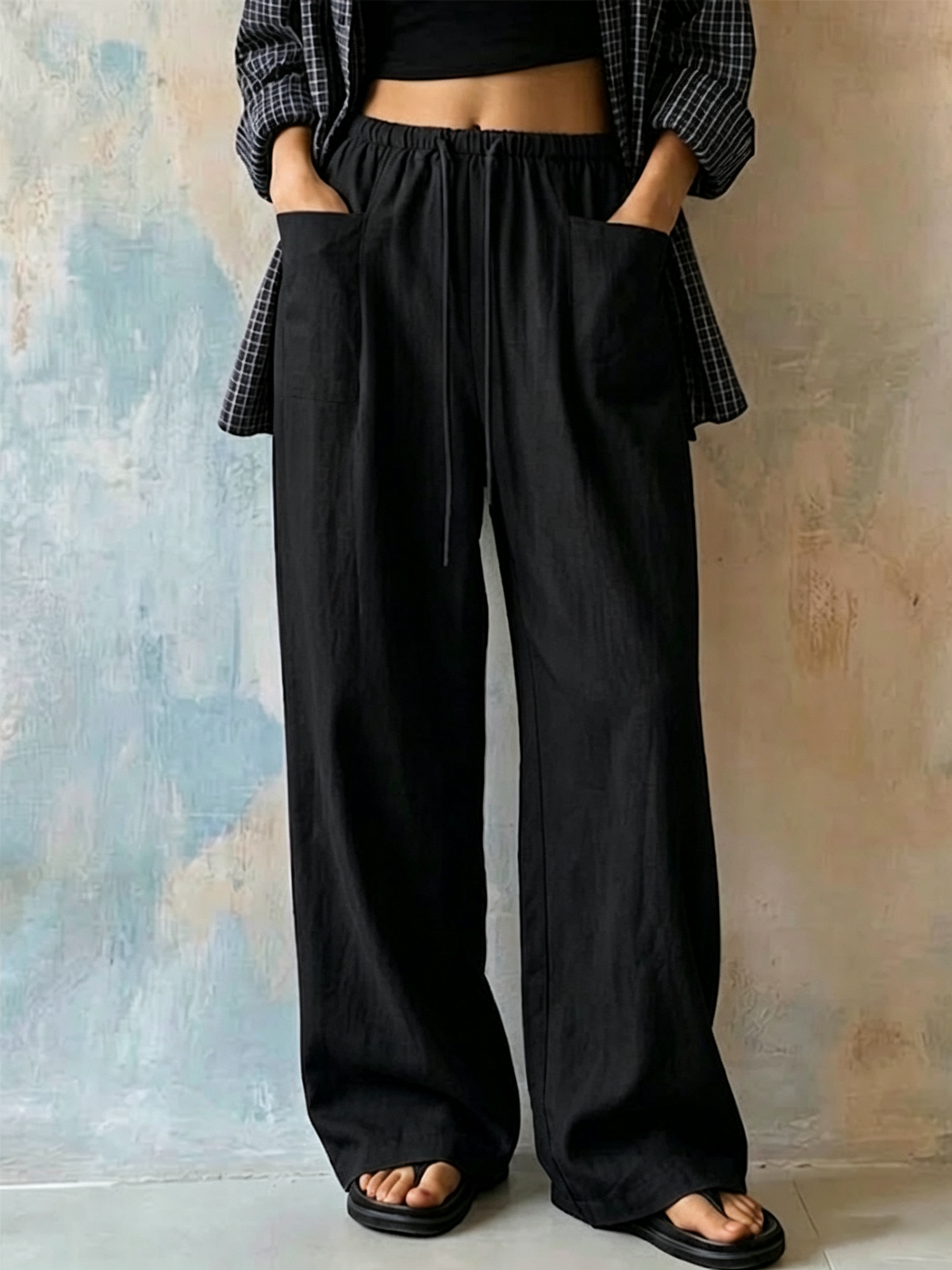 Women's Solid-color High-waisted Wide-leg Casual Pants With Drawstring