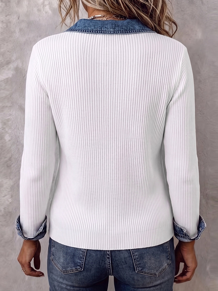 Chic Denim-Trim Asymmetrical Ribbed Knit Top