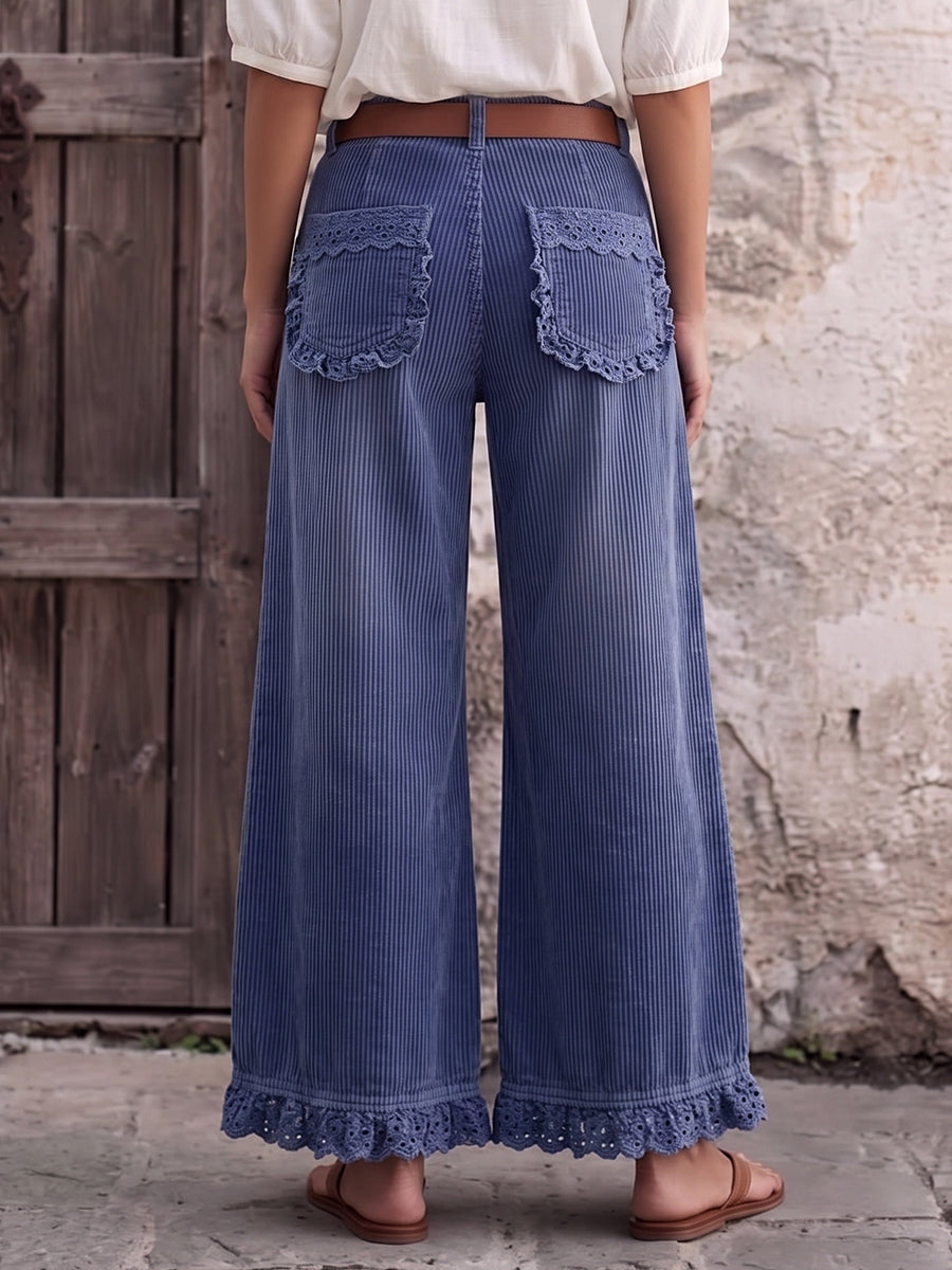 Boho Lace-Trim Corduroy Wide-Leg Pants