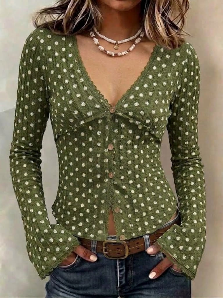 Polka-dot Lace V-neck Long-sleeve Fitted Top With Button-front And Flared Sleeves