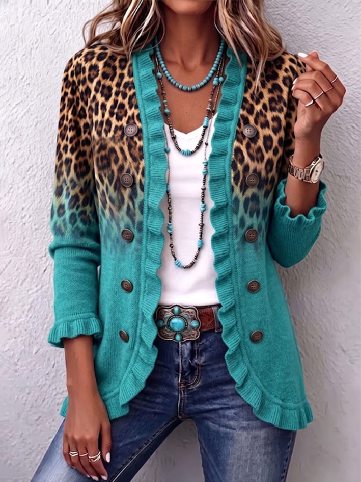 Western Bold Leopard Print Ombre Ruffle Knit Cardigan Jacket
