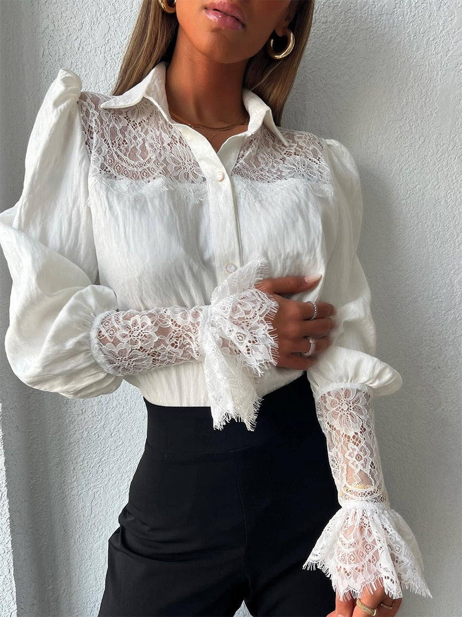 Elegant Lace-Paneled Bishop Sleeve Blouse