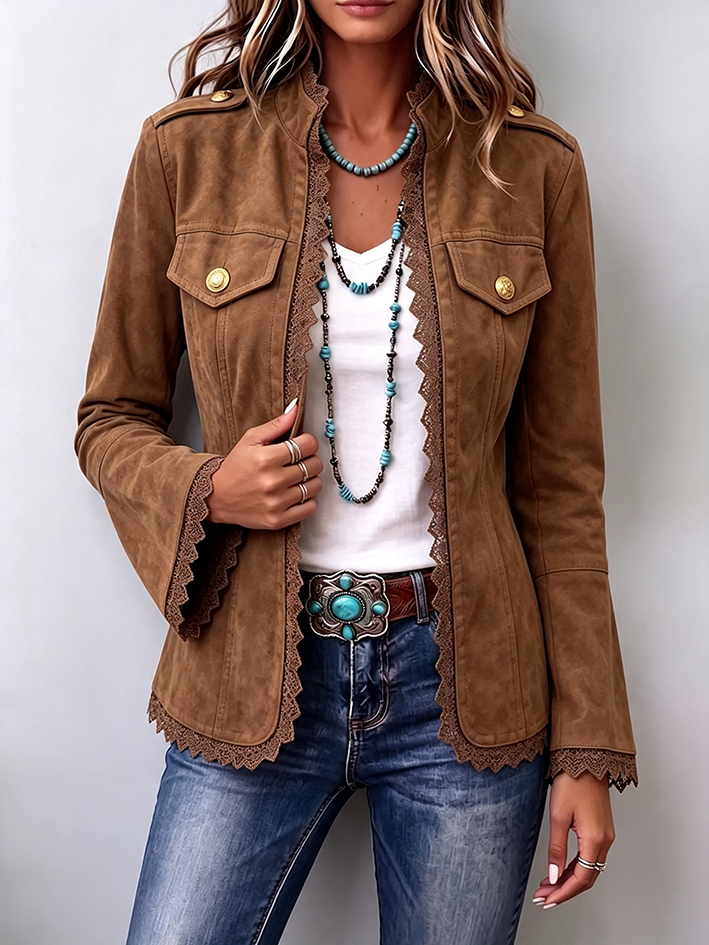 Chic Vintage Suede Lace-trim Casual Western Jacket
