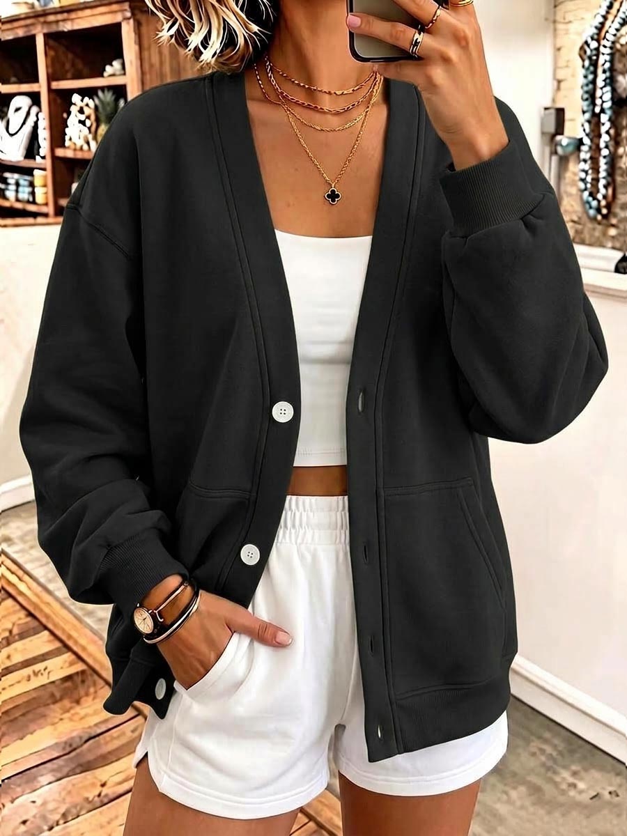 Women's Solid Color V-neck Long-sleeved Casual Loose Cotton Cardigan