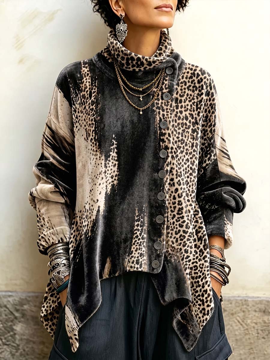 Women's Abstract Print High-neck Long-sleeve Loose-fit Velour Top