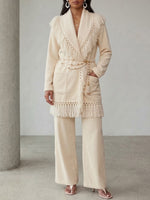 Two-piece Set Featuring A Mid-length Corduroy Jacket With A Fringed Lapel And Wide-leg Trousers