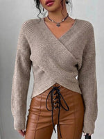 Solid-color Off-shoulder Knit Top With A Crossover V-neck
