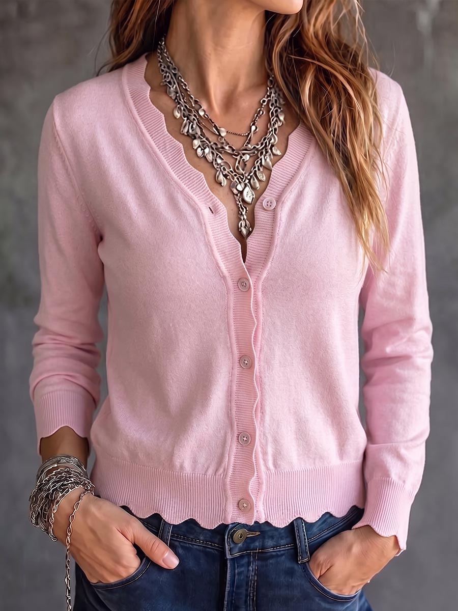 Women's Solid Color V-neck Long Sleeve Casual Loose Knit Cardigan