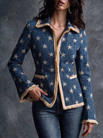 Women's Classic Star Print Collared Long Sleeve Casual Loose Denim Jacket