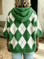 Checked-print Casual Hooded Knit Drawstring Sweatshirt