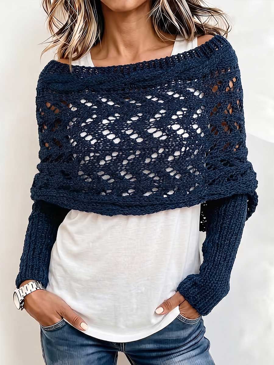 Women's Solid-Color Reversible Long-Sleeve Cut-Out Knit Shawl