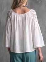 Women's Solid Color Round Neck 3/4 Sleeve Casual Loose Hollowed-out Lace Patchwork Cotton And Linen Top