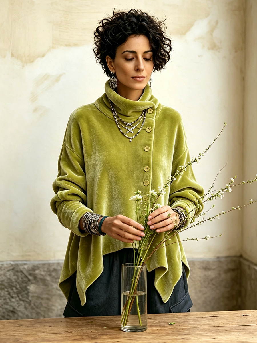 Chic Velvet Asymmetric Button Turtleneck Top