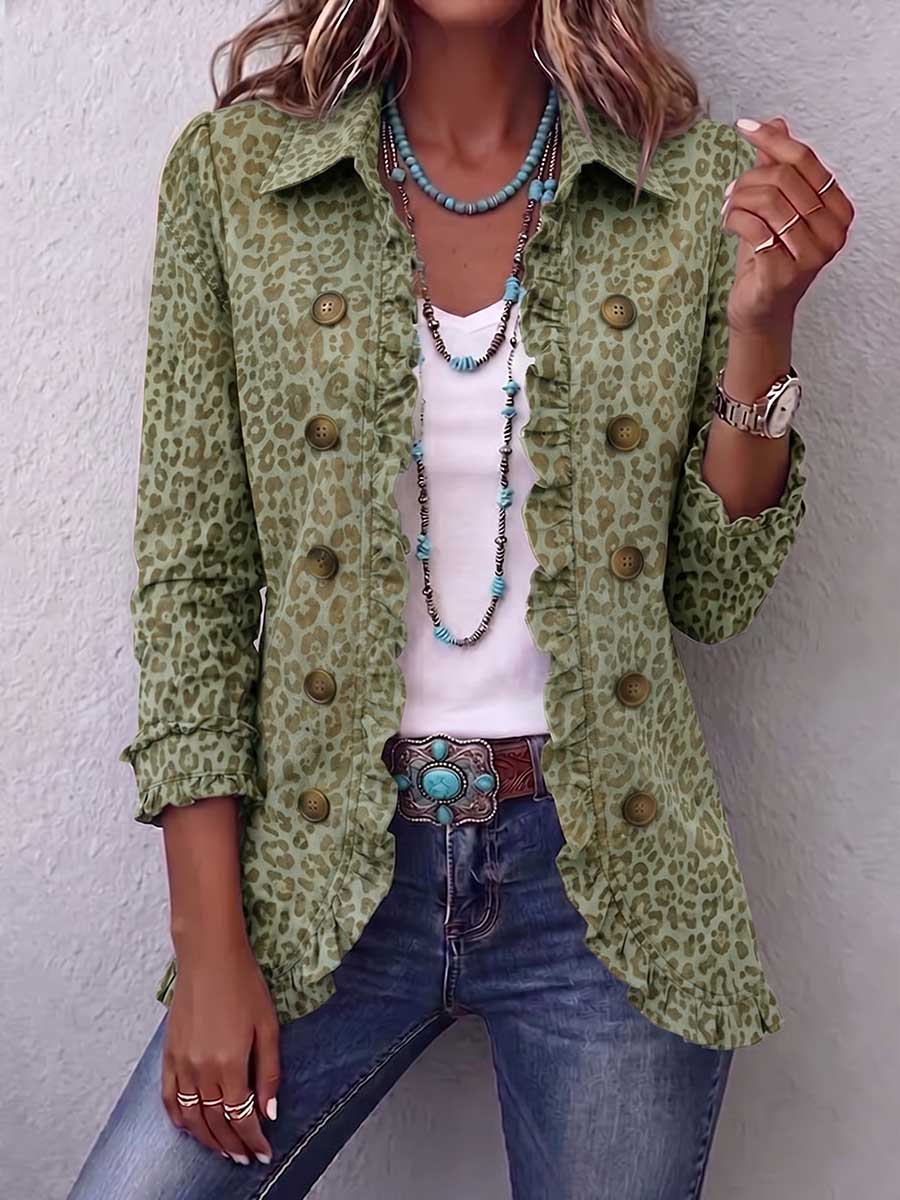 Women's Leopard Print Collared Long Sleeve Casual Loose Cotton Cardigan